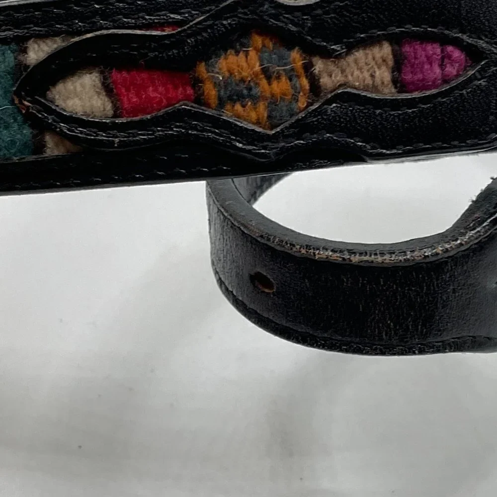 Vintage Indian Blanket Inset Black Leather Removable Buckle Waist Belt 25